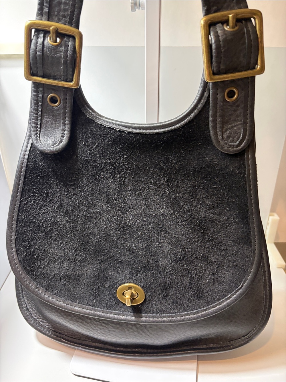 Vintage Coach Berkeley Black Suede and Leather Shoulder Bag with Brass Hardware